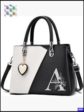 PU Leather Satchel Tote Shoulder Crossbody Handbag with Initial Charm